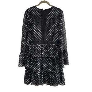 Bebe Black White Polka Dot Tiered Ruffle Mini Dress Lace Trim Long Sleeve Size 8